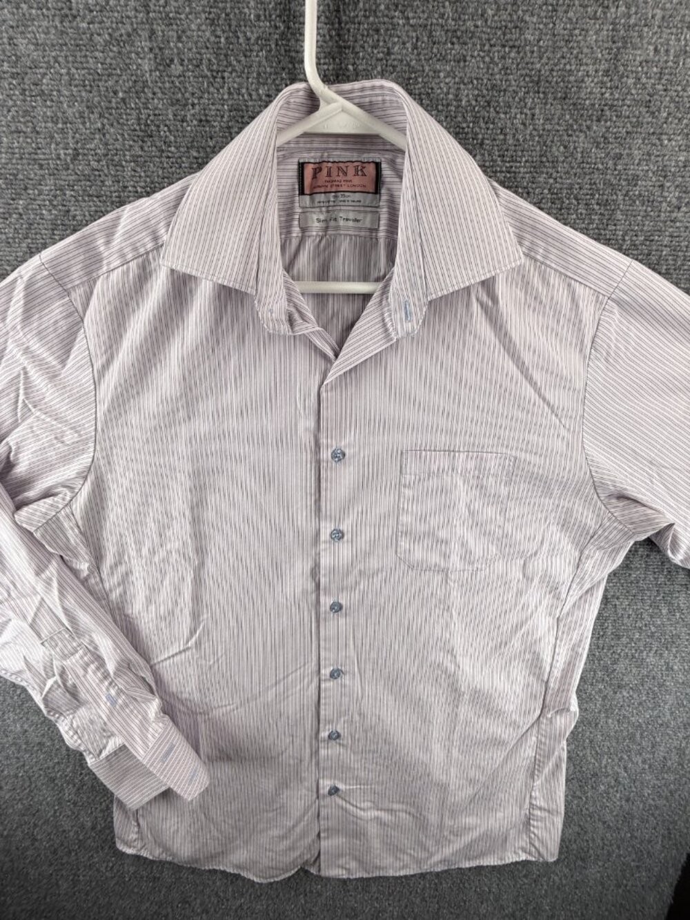 Thomas Pink Striped Traveller 15.5 Slim Cotton Blue Mens Button Up Long Sleeve